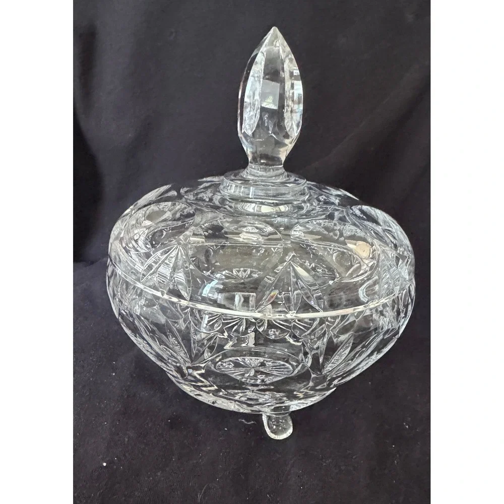 Vintage Cut Lead Crystal Lidded Candy Dish Footed Bowl with Finial Lid 8x6.25